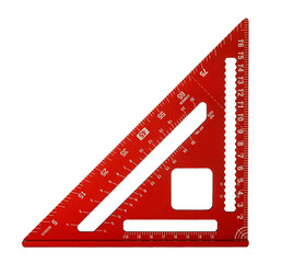 Red framing square tool on transparent background for accurate measurement