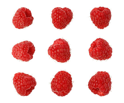 Nine fresh raspberries rotating on transparent background