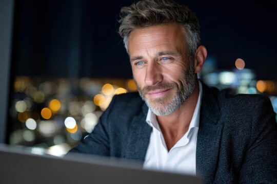 Businessman working late at night on laptop in a modern office building with city lights