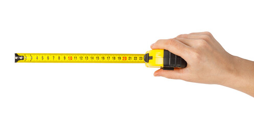 Hand holding measuring tape on transparent background
