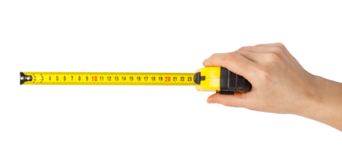 Hand holding measuring tape on transparent background