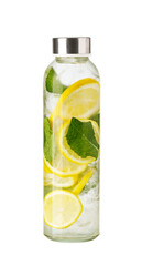 Refreshing detox water infused with lemon and mint in a reusable glass bottle on transparent...