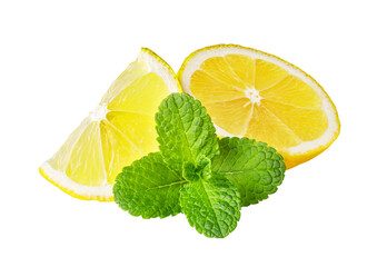 Lemon and mint on transparent background: refreshing citrus and herb combination