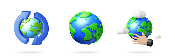 Set of 3D globe icons, one with recycling arrows, one plain earth, and one with a hand and clouds, for environmental concepts.