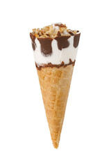 Ice cream cone covered in chocolate and nuts on transparent background