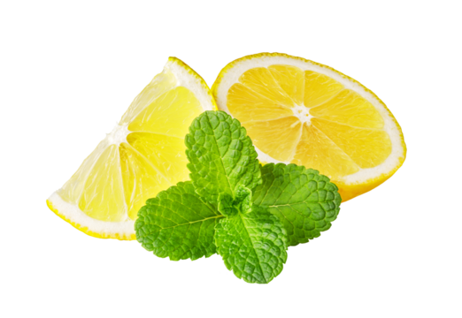 Lemon and mint on transparent background: refreshing citrus and herb combination