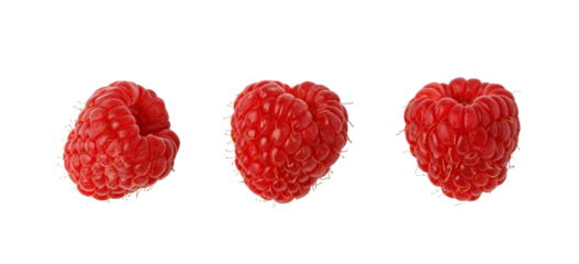 Three fresh raspberries rotating on transparent background