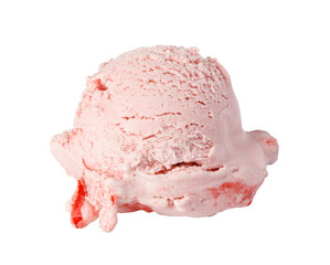 Delicious pink strawberry ice cream scoop melting on transparent background