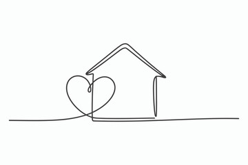 One line drawing house with heart home sweet home