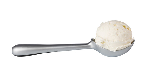 Ice cream scoop holding vanilla ice cream on transparent background