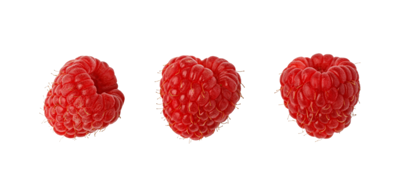 Three fresh raspberries rotating on transparent background