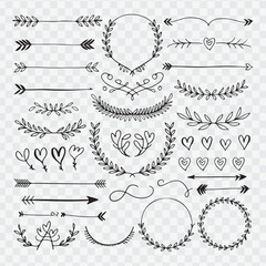  hand-drawn black and white decorative vector elements. Include a variety of ornate dividers, borders, floral flourishes, leafy branches, swirls, hearts, arrows, and circular wreaths