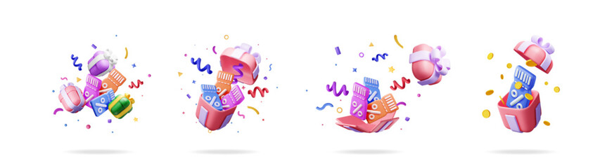 3D vector illustration set of gift box with discount coupon jumping out of a box. Sales, bonus, and surprising rewards concept.