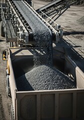Industrial Conveyor Loading Crushed Stone Into Truck Bed