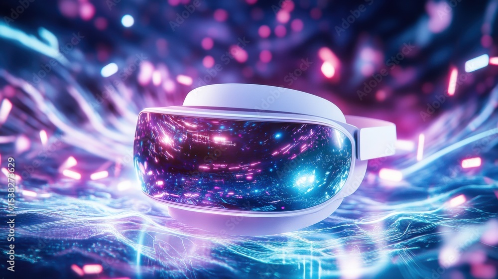 Poster futuristic virtual reality headset in abstract digital environment