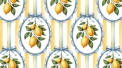 Decorative seamless lemon and leaf pattern with striped background in a classic design