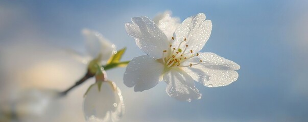 Obraz premium Fresh spring awakening a delicate cherry blossom glistening with morning dew against a soft blue sky