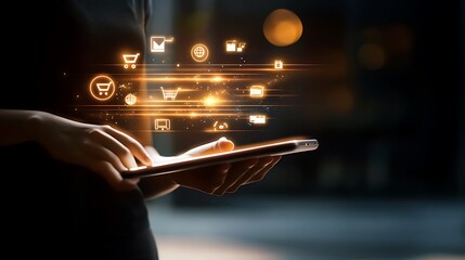 Hands holding a tablet with glowing digital commerce icons.
