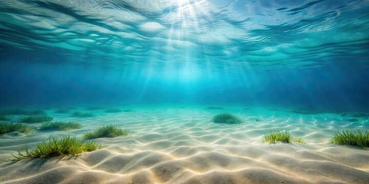 Soft sandy ocean floor with subtle waves and seaweed swaying gently in the current