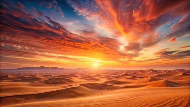 Desert landscape at sunrise with vast expanse of orange and pink hues