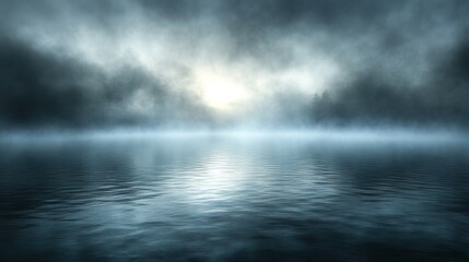 Fototapeta premium Foggy lake sunset, dark forest background, atmospheric mood