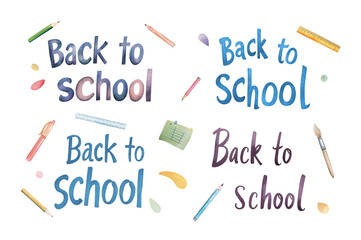 Back to school, watercolor lettering set. Collection of hand drawn text with pencils. Isolated clipart with clear even edge on transparent background