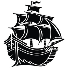 Silhouette ship sails upon the ocean, the tall ship has a vintage aesthetic