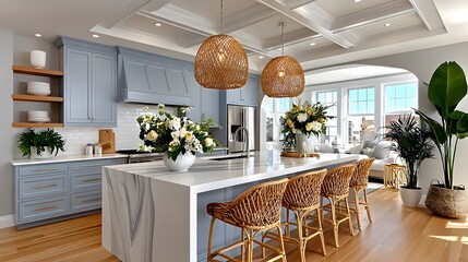 Coastal kitchen with wicker chairs setup high resolution photo