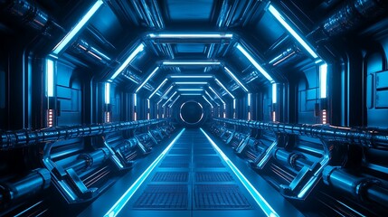Futuristic tunnel corridor with vibrant blue neon lighting.