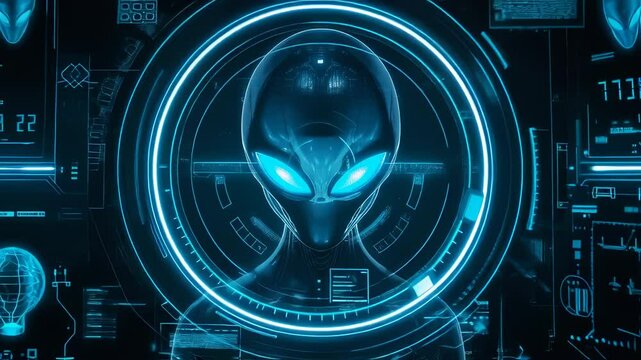 Futuristic alien headshot illustration with glowing blue interface and advanced technology