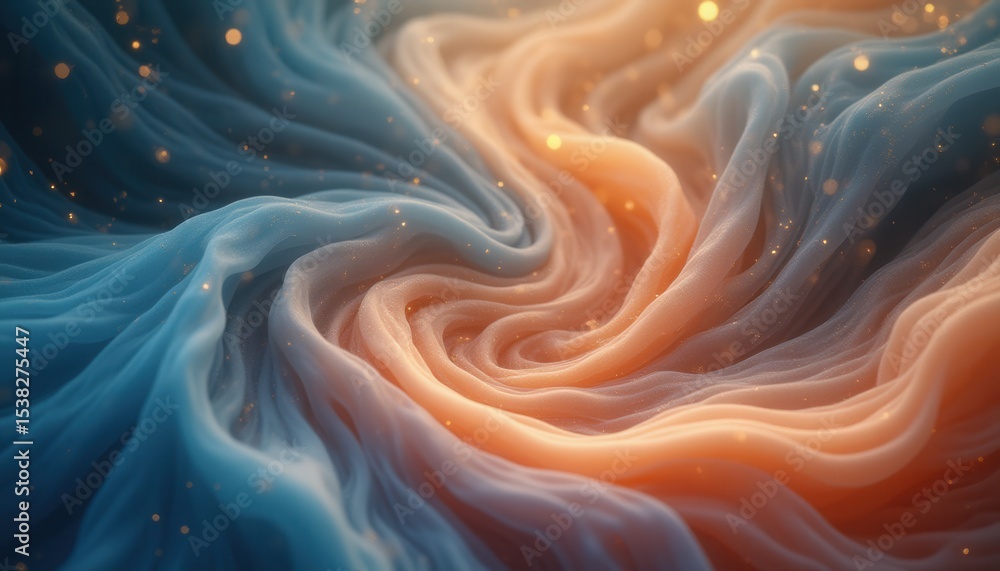 Poster swirling textured fabric in blue and peach tones with sparkles