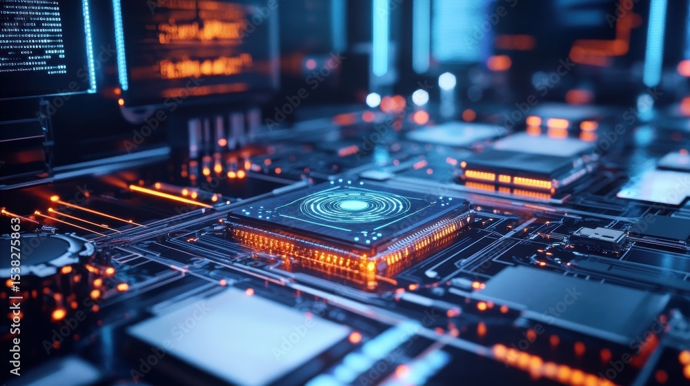 Poster Glowing computer chips and circuit boards in futuristic setting