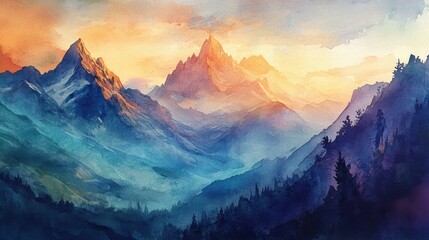 Majestic sunset over serene mountain range landscape