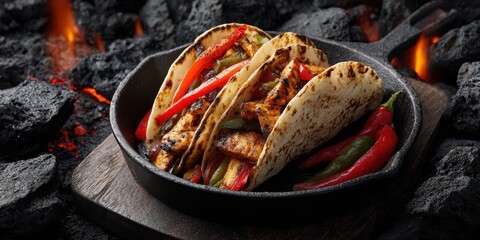 Smoky Grilled Tacos served in a cast iron skillet with fire