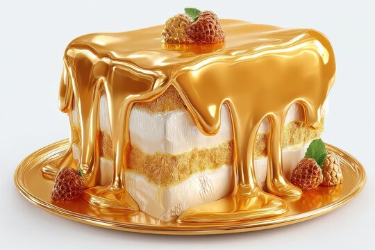 Luxurious Golden Cake with Raspberries and Mint, Showcasing Decadence and Celebration for Food Bloggers : Generative AI