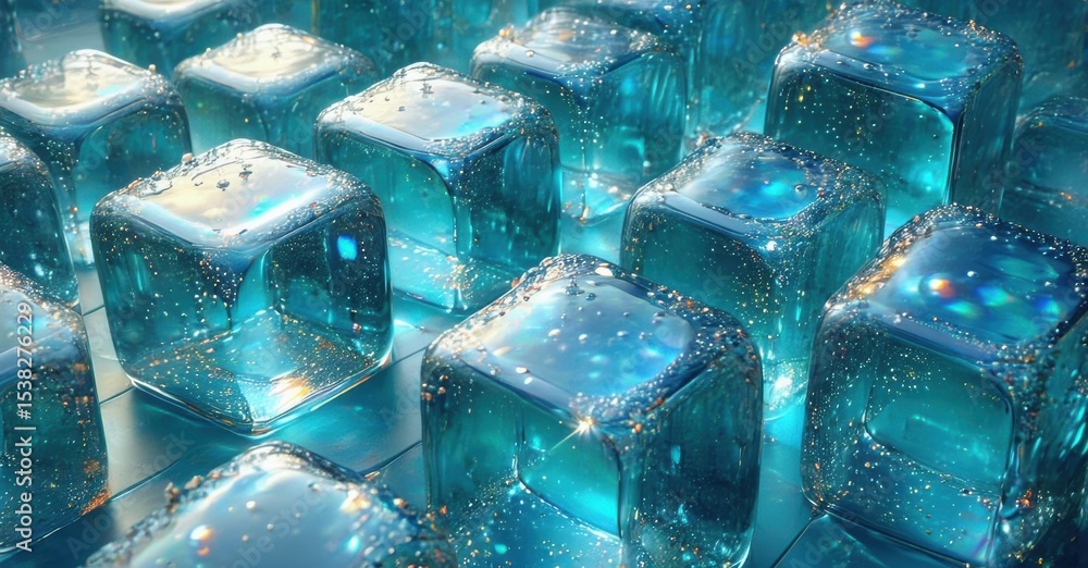 Poster Blue ice cubes arranged neatly. Light reflects, creating sparkling effect. Cool, refreshing visual texture dominates scene.