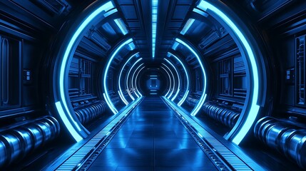 Futuristic tunnel corridor with vibrant blue light accents.