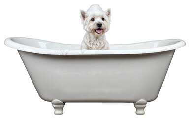 Cute Highland Terrier Dog Sitting in a Bathtub, Ready for a Bath