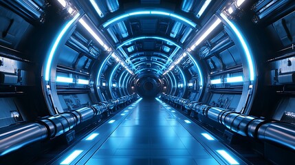 Futuristic tunnel with glowing blue lights and metallic structures.