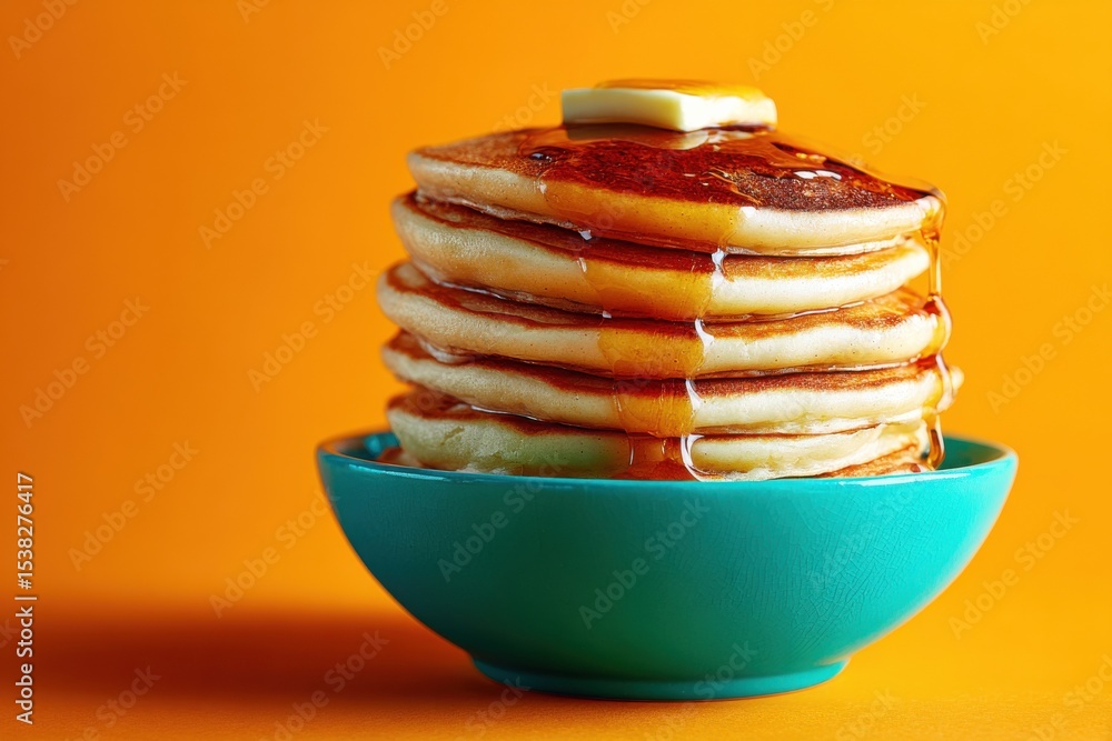 Poster stack of pancakes with butter and syrup in a bowl, representing comfort food and culinary indulgence