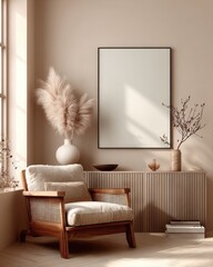 Cozy Living Room Interior With Armchair and Blank Frame, Ideal for Home Decor and Real Estate Mockups, Showcasing Tranquility and Modern Design : Generative AI