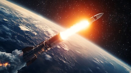 Rocket launch into space with fiery exhaust.