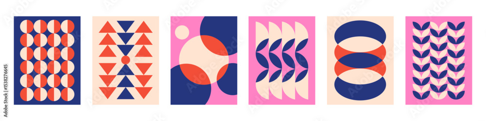 Poster set of abstract vertical geometric backgrounds with colorful shapes and forms. pink, red, beige and 