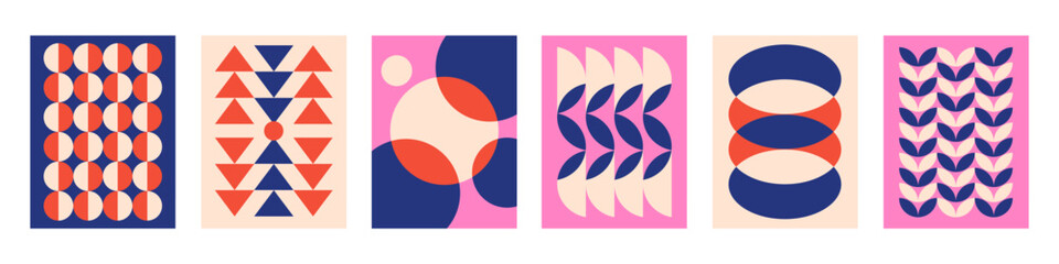 Set of Abstract vertical geometric backgrounds with colorful shapes and forms. Pink, red, beige and blue colors. Trendy vector illustration in style retro	