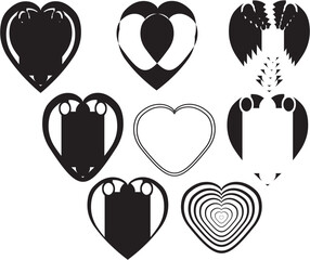 Abstract Geometric Heart Icons Set, Modern Black and White Vector Designs 