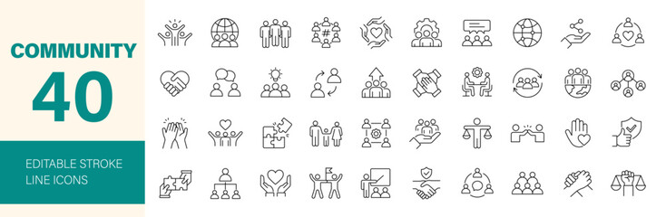 Community icon set. Containing friendship, relationship, social, diversity, people, family, love, networking, trust, neighborhood, belonging and more. Editable line icons. Vector illustration.