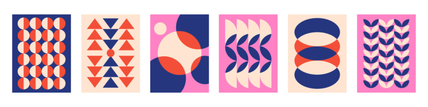 Set of Abstract vertical geometric backgrounds with colorful shapes and forms. Pink, red, beige and blue colors. Trendy vector illustration in style retro	