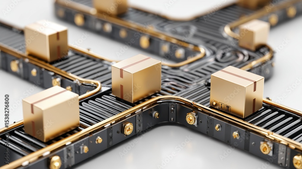 Poster golden boxes on conveyor belt system, illustrating logistics efficiency and streamlined supply chain