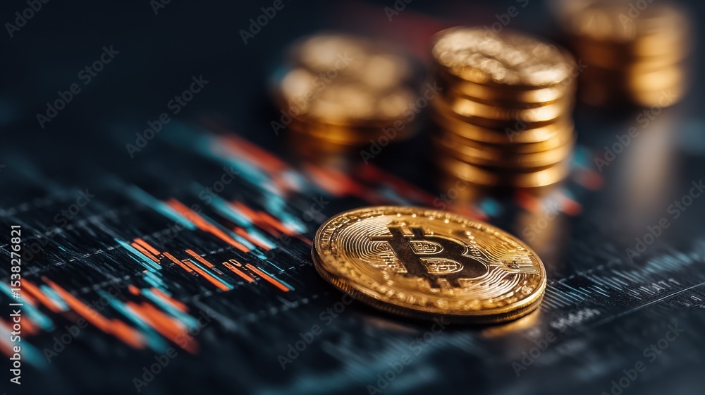 Poster close-up of bitcoin coins on financial chart, symbolizing cryptocurrency investment and blockchain t