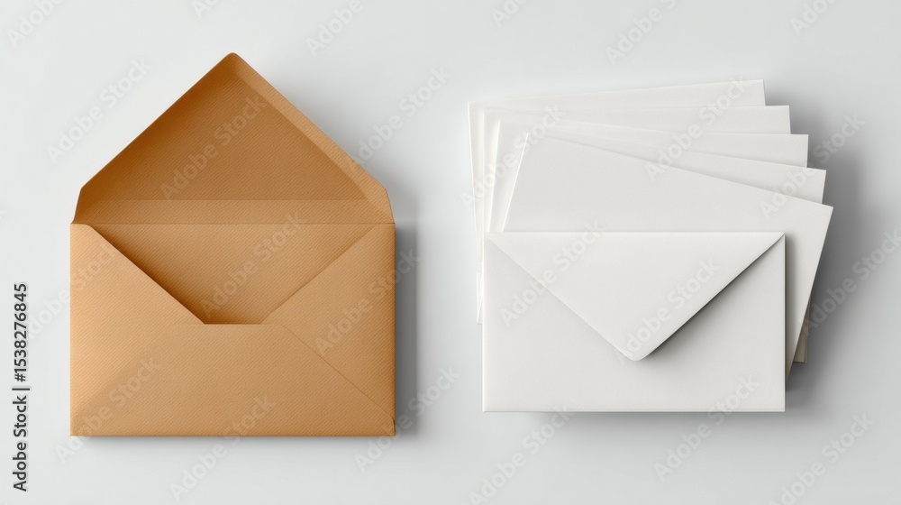 Poster open brown envelope and stack of white envelopes on white, symbolizing communication and direct mail